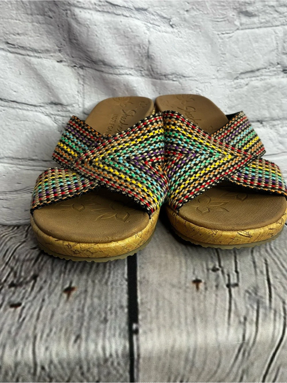 Skechers Beverlee Thick Rainbow Strappy Wedge Sandals Womens Sz 7 Woven Cork EUC